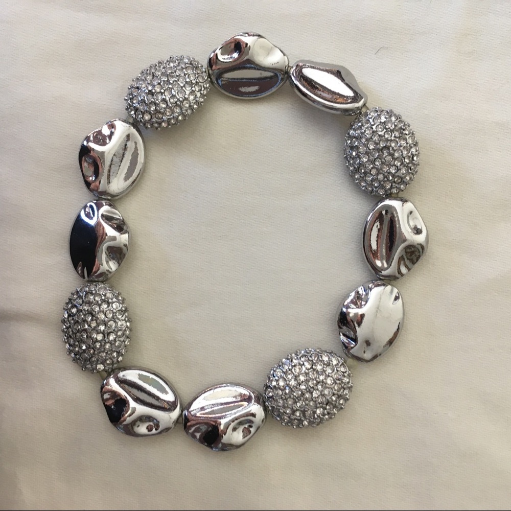 Silver-tone bracelet with bean-shaped and rhinestone beads